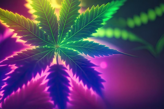 Hoja de neón del cannabis sobre fondo colorido ai generativo