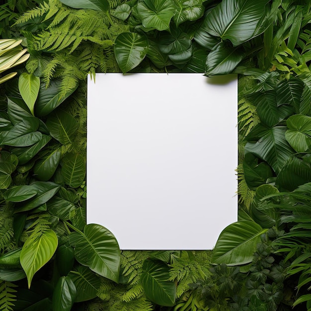 una hoja de nota blanca en blanco está rodeada de hojas verdes en el estilo del arte ambiental