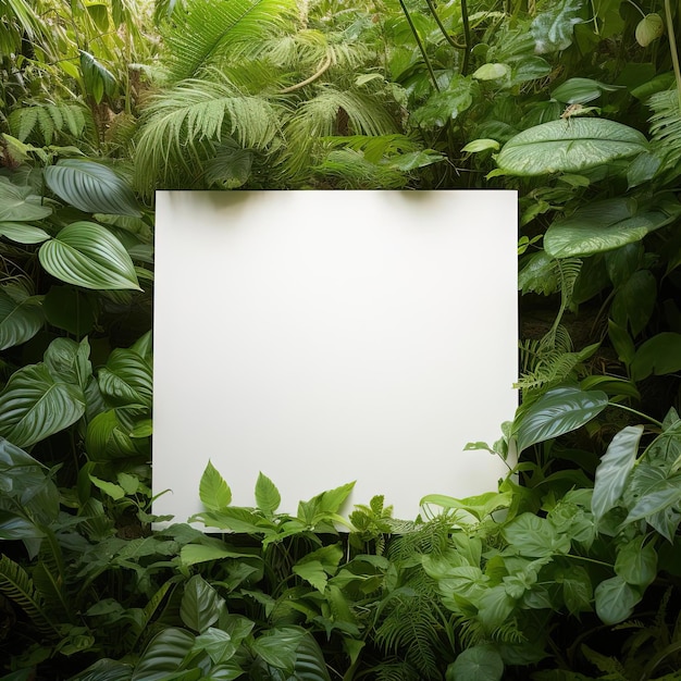 Foto una hoja de nota blanca en blanco está rodeada de hojas verdes en el estilo del arte ambiental