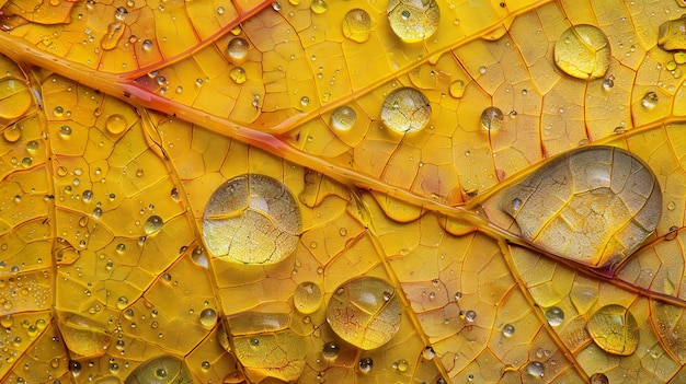 Foto una hoja de otoño de color dorado con gotas de lluvia en ella ia generativa