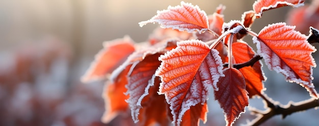 Hoja de otoño roja con escarcha