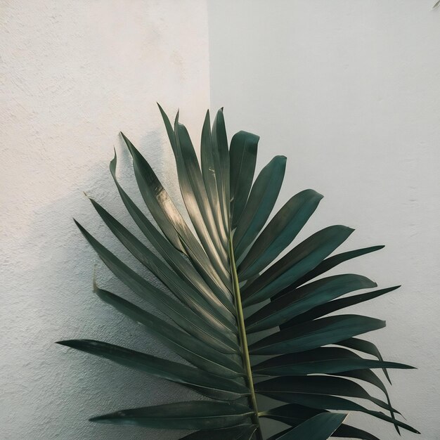 Foto hoja de palma de areca verde fresca junto a una pared blanca