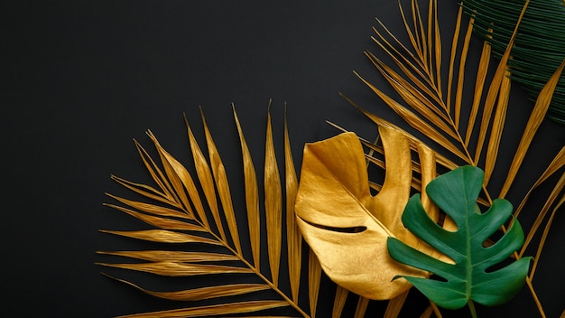 La hoja de palma dorada y la monstera tropical fresca verde dejan el marco de textura sobre fondo negro oscuro con espacio de copia. Patrón de bosque de hojas de oro pintado sobre fondo floral de naturaleza de verano. Banner web largo.