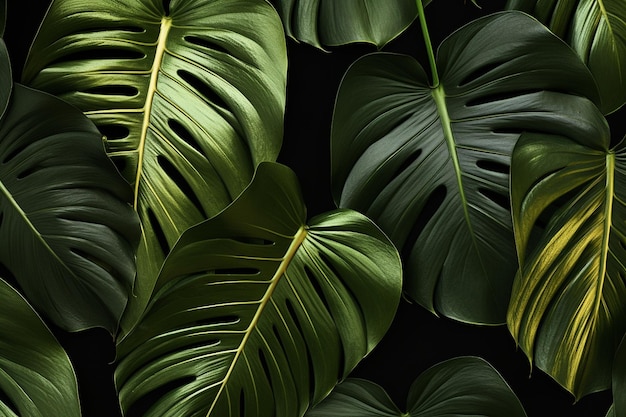 Hoja de palma dorada y textura de hojas de monstera tropical pintada fresca verde sobre fondo negro oscuro