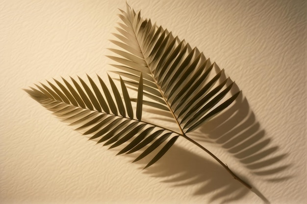 Una hoja de palma en una pared blanca.