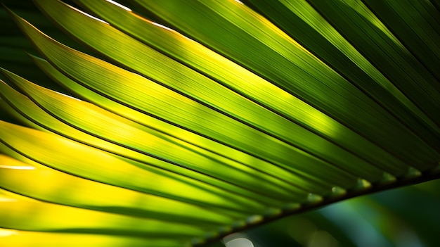 Foto hoja de palma verde de fondo cercano con luz solar y bokeh