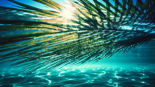 Hoja de palmera y fondo azul marino en temporada de verano