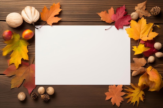 hoja de papel acostada horizontalmente frente a una composición de otoño con hojas de colores