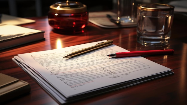 Foto una hoja de papel documento y bolígrafos sobre la mesa para firmar un acuerdo el concepto