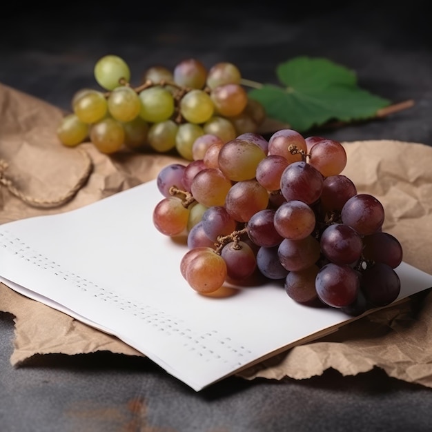 Una hoja de papel junto a un racimo de uvas ai generativo.