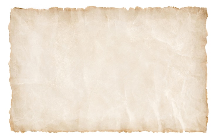 Foto hoja de papel de pergamino antiguo vintage envejecido o textura aislado sobre fondo blanco.