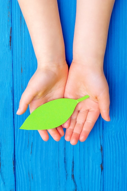 Foto hoja de papel verde en manos del niño.