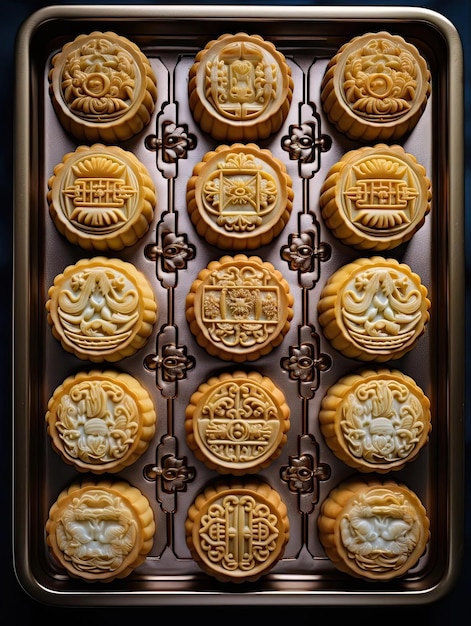 una hoja de pasteles de luna chinos en un horneado al estilo de oro claro y gris