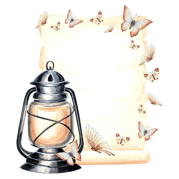 Foto hoja de pergamino papel escrito a mano con mariposas revoloteantes linterna vintage quemando una luz cálida