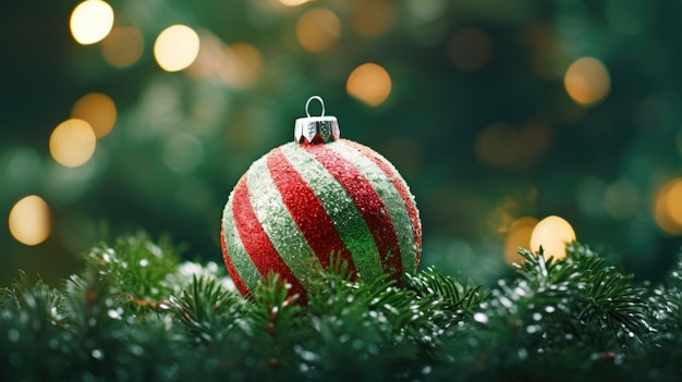 Hoja de pino simétrica de lujo con bola de Navidad y caña de caramelo en el fondo brillante