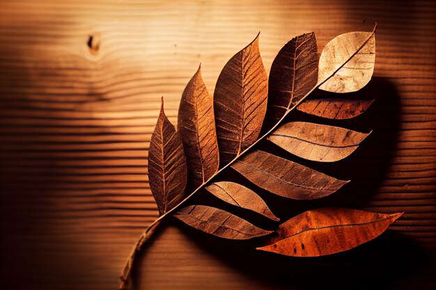 Una hoja que está sobre una superficie de madera.