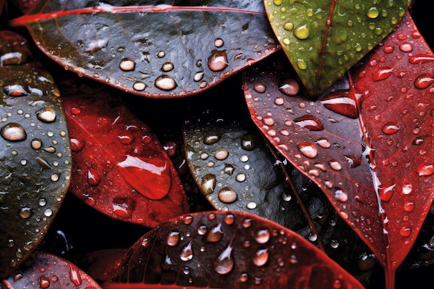 Una hoja roja con gotas de agua