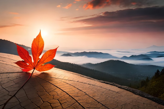 Una hoja roja sobre un camino de piedra con una puesta de sol al fondo.