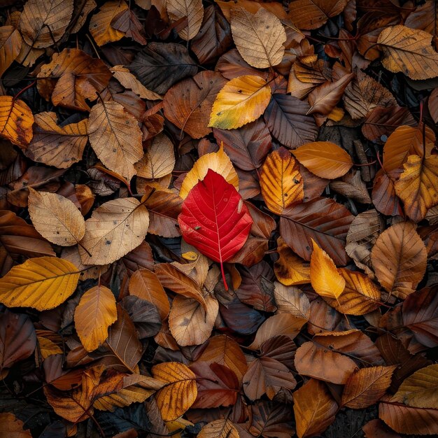 Foto hoja roja vibrante que se destaca entre el follaje de otoño