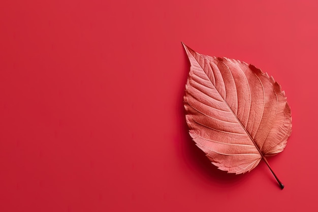 Hoja seca de otoño sobre un fondo rojo con espacio para copiar