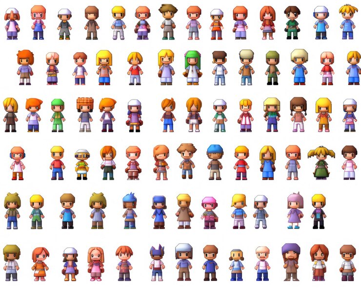 Foto hoja de sprite de personaje de juego de ilustración de npc aislada en fondo blanco referencia de diseño de juego