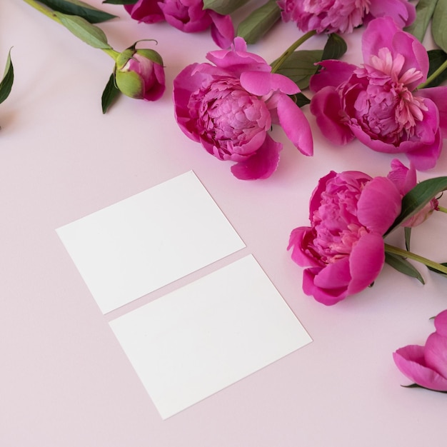 Hoja de tarjeta de papel de marca en blanco con espacio de copia de maqueta y elegantes flores de peonías sobre fondo rosa Composición de flores estéticas