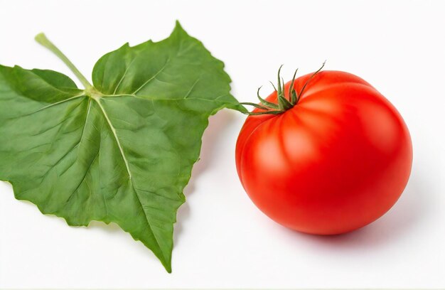 Hoja de tomate fresca cortada sobre un fondo blanco