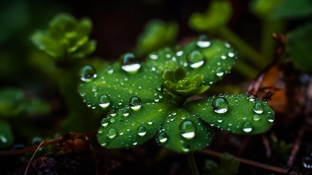 Una hoja de trébol con gotas de agua sobre ella