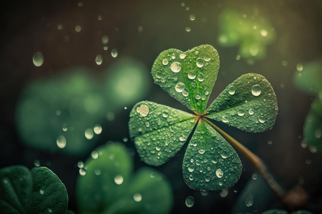 Hoja de trébol con rocío de agua sobre fondo verde bokeh con espacio de copia vacío