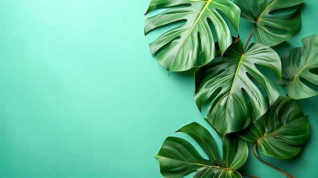 Hoja tropical de Monstera en fondo verde espacio mínimo de verano para el texto