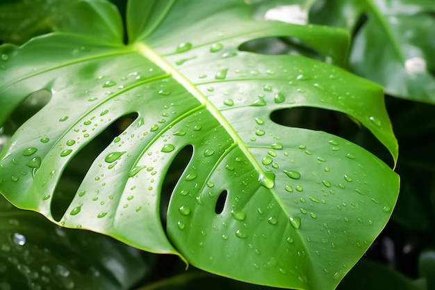 Hoja tropical de primer plano con gota de agua generada por Ai