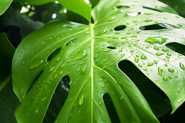 Hoja tropical de primer plano con gota de agua generada por Ai