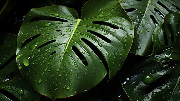 Hoja verde arafeada con gotas de agua en la oscuridad IA generativa