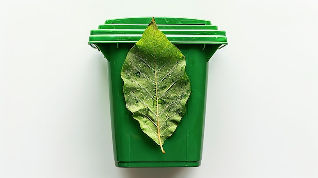 Una hoja verde en un cubo de basura verde la hoja es un símbolo de la vida y el cubo de la basura es un símbolo del desperdicio