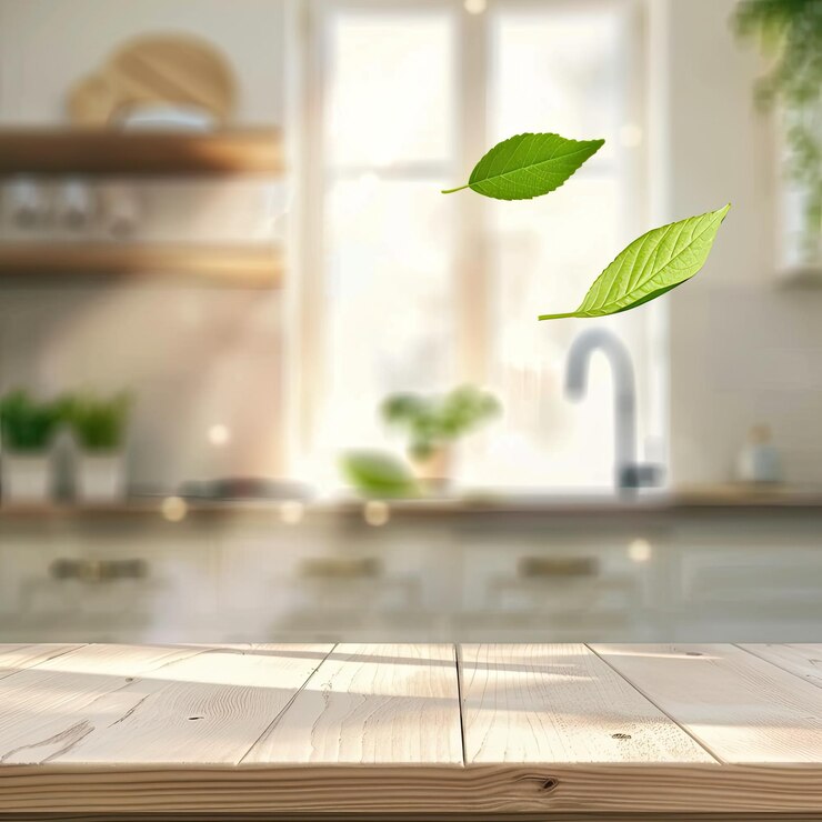 una hoja verde está volando sobre un mostrador de la cocina