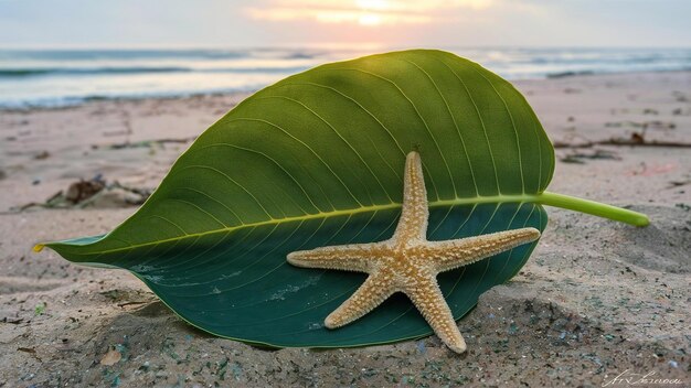 Hoja verde con estrellas de mar en la playa