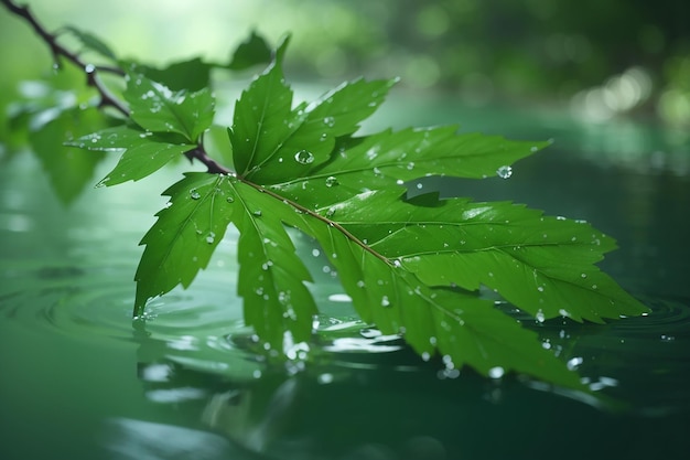 Hoja verde fresca en agua refrescante de rama mojada