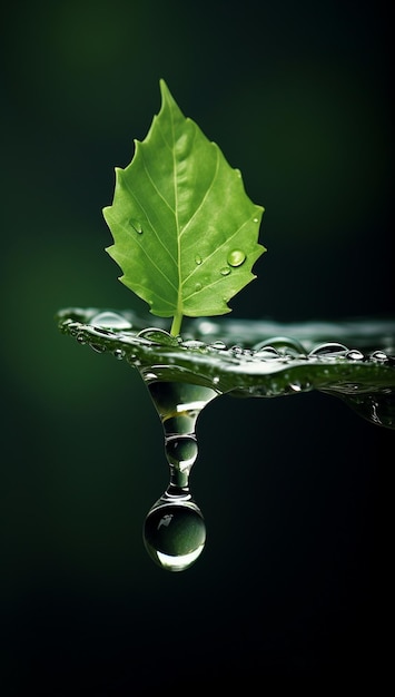 Hoja verde y gota de agua en fondo oscuro Concepto de naturaleza Foco selectivo