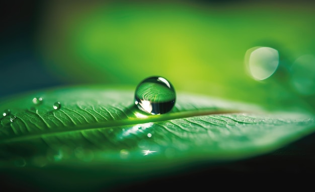 Una hoja verde con una gota de agua sobre ella