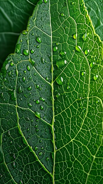 Hoja verde con gotas de agua de cerca Detalle de la naturaleza fresca