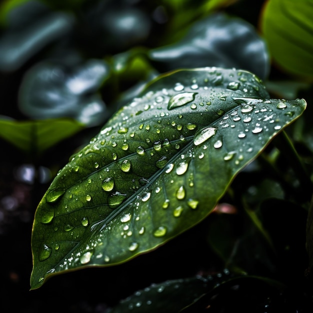 Hoja verde con gotas de agua después de la lluvia Profundidad de campo