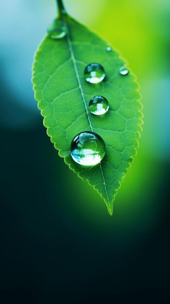 una hoja verde con gotas de agua en ella