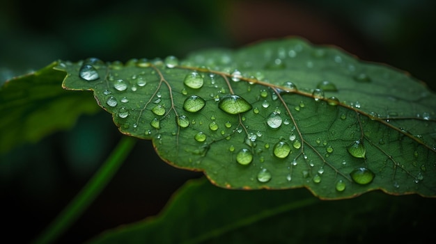 Una hoja verde con gotas de agua sobre ella Gotas de agua sobre una hoja después de la lluvia