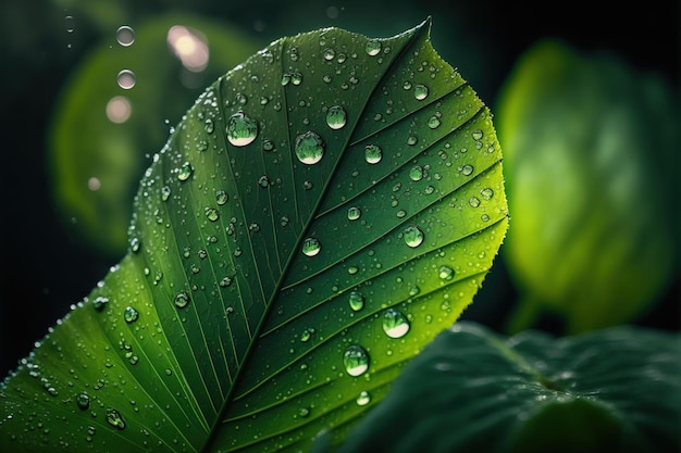 Una hoja verde con gotas de agua sobre ella IA generativa