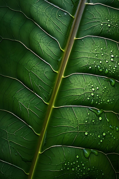 Una hoja verde con gotas de agua sobre ella.