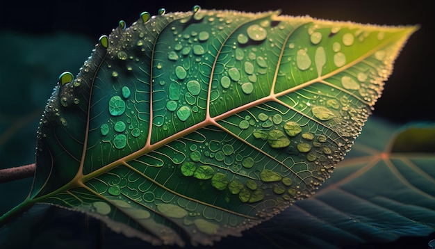 Una hoja verde con gotas de agua sobre ella