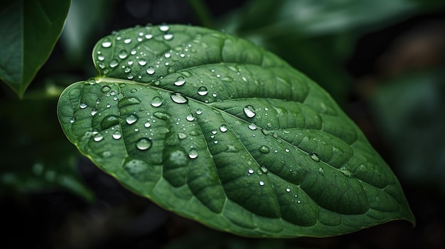 Una hoja verde con gotas de agua sobre ella