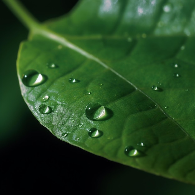 Una hoja verde con gotas de agua sobre ella