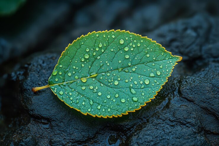 Hoja verde con gotas de agua sobre un fondo de piedra negra