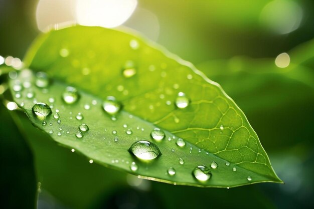 una hoja verde con gotas de agua y el sol brillando sobre ella